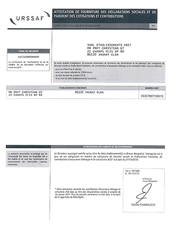 Attestation de fourniture des déclarations sociales et de paiement des cotisations et contributions